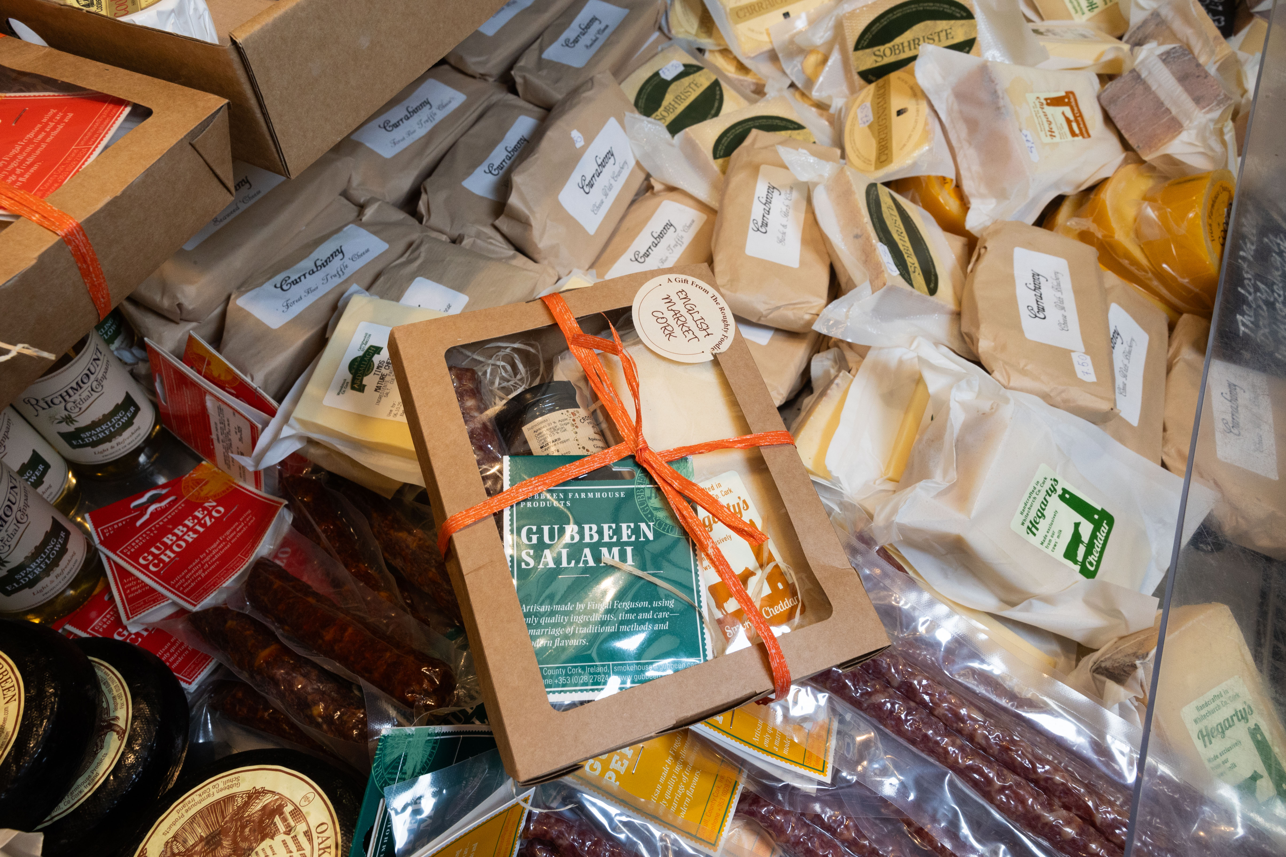 Gift boxes of Irish cheese, charcuterie and local produce at Roughty Foodie in Cork's English Market.